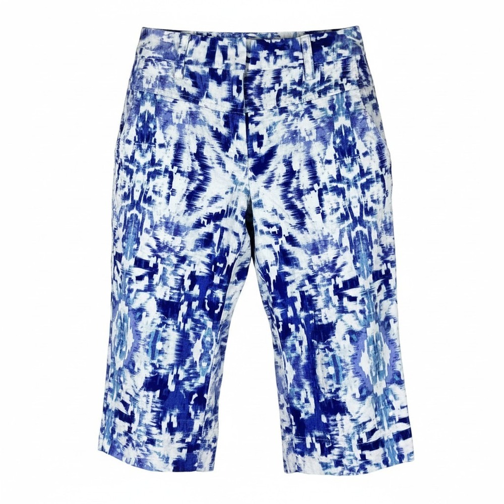 Ruby Rd Womens Petite Blue White Ikat Linen Blend Capri Pants Cropped Size 6P